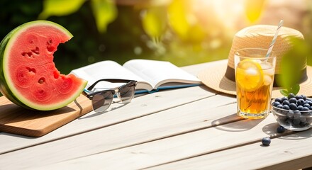 Summer picnic scene watermelon and refreshments