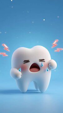 A distressed cartoon tooth character with a tear and red lightning bolts indicating pain, set against a soft blue background