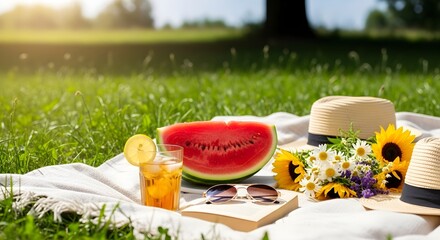 Summer picnic scene with watermelon and flowers