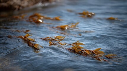 Fototapeta premium Strands of golden brown seaweed float gently on the surface of rippling blue ocean water