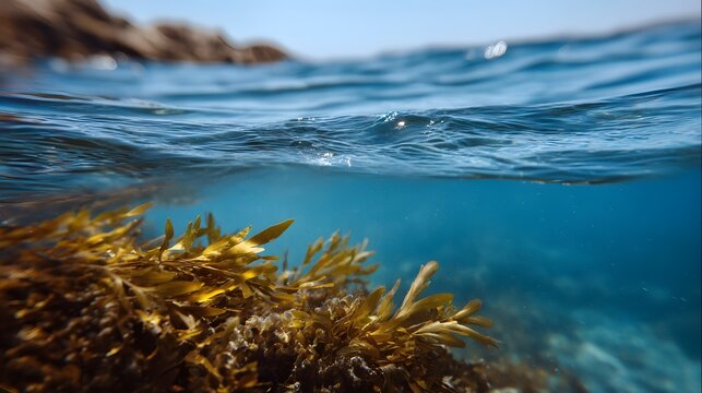 Split level view of vibrant seaweed swaying in clear blue ocean water with rocky shore and sky above