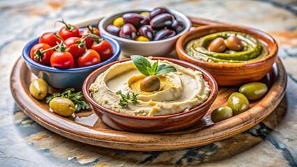 Small Lebanese mezze selection featuring creamy hummus, cherry tomatoes, olives on wooden tray. Authentic Lebanese mezze selection offers Mediterranean appetizers, savory dips.