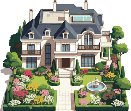 Create a realistic Luxurious residential house with a big beautiful garden with blooming flowers and bushes vector art with white background.