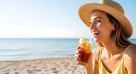 Woman drinking beverage on beach