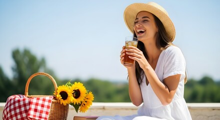 Woman enjoying iced beverage on sunny day