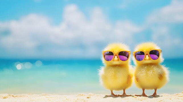 Two bright yellow chicks wearing sunglasses pose on a tropical beach overlooking the ocean and a clear sunny sky, creating a playful, festive mood