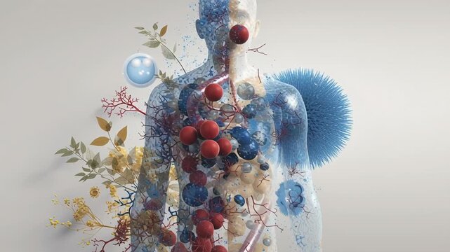 Longevity health research visualization, immune response imagery layered with biological balance and renewal elements, minimal clinical background, high realism, editorial medical illustration style