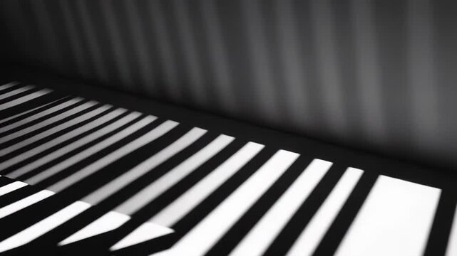 Shadows from window blinds creating a striking abstract pattern of parallel light stripes and dark areas on a wall and floor, reflecting concepts of minimalism and contrast