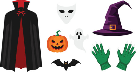 Halloween costume elements set with witch hat and accessories