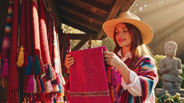 Woman in colorful shawl examining textiles