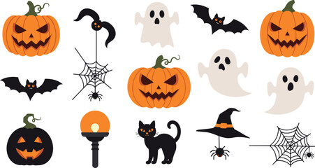 Spooky Halloween icons including pumpkins ghosts bats and spiders for seasonal designs