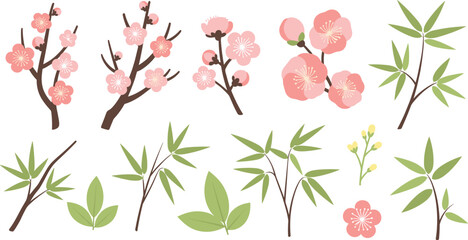 Vibrant cherry blossom branches and green leaves for spring designs