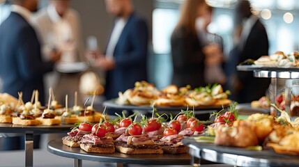 Obraz premium Guests serve themselves from hot buffet-style chafing dishes filled with different foods at a wedding gathering during a conference