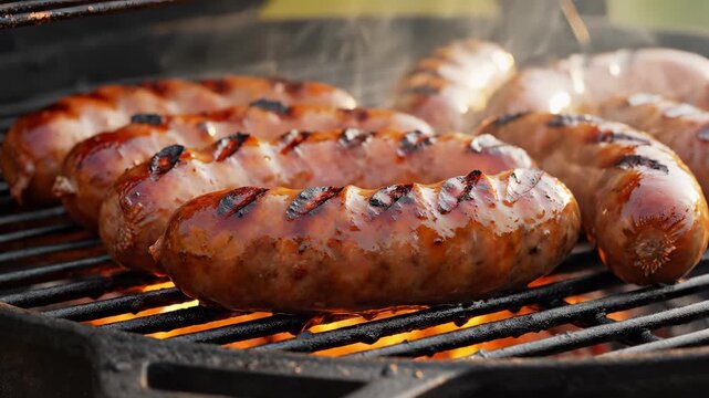 Grilling sausages over open flame. Juicy sausages sizzle on barbecue grill. Summer grilling brings delicious aroma and flavorful experience. Perfect for outdoor gatherings.
