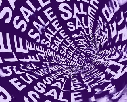 SALE text vortex on purple background. 3D typographic tunnel illusion for retail promotion, discount campaign, marketing banner or poster.