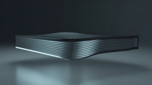 Suspended layered carbon fiber plate with textured weave and glossy edge, symbolizing lightweight high-strength composite and advanced material engineering.
