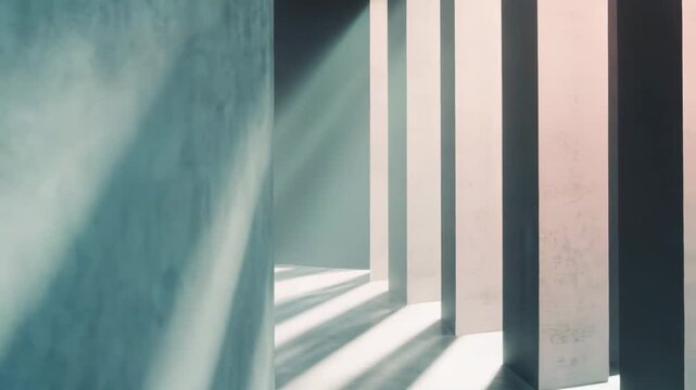 Modern architectural space featuring concrete pillars and a floor illuminated by parallel beams of colorful light, creating dramatic shadows and a sense of depth