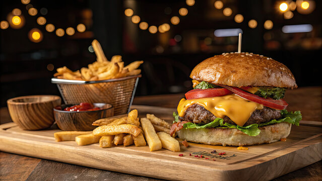 burger and fries, Cheeseburger with crispy fries on wooden board, restaurant style lighting
