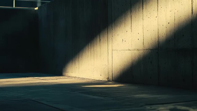 Sunlight streams into a modern concrete space, creating sharp diagonal shadows and abstract geometric patterns on the textured wall and floor surfaces, highlighting architectural elements