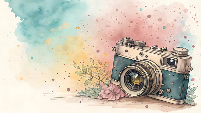 Watercolor background with soft pastel splashes surrounding a vintage camera illustration, artistic and creative vibe