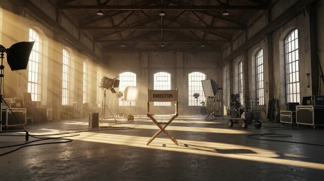 Empty director's chair standing in a deserted, atmospheric film studio warehouse with professional lighting equipment as beautiful sun rays shine through large windows on a concrete floor