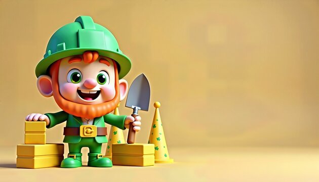 3D cartoon leprechaun in bright green hard hat holding trowel, standing by gold bricks and cones. St. Patrick&rsquo;s Day "Building Luck" construction parody. Beige background, space for text 
