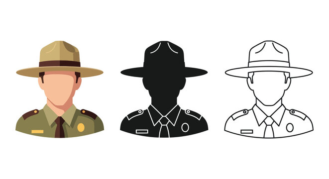 Three variations of a park ranger hat and uniform icon showcasing different styles