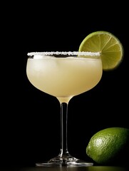 Margarita with Lime: A refreshing margarita cocktail with a salt-rimmed glass, garnished with a lime slice, beside a whole lime, set against a dark background.
