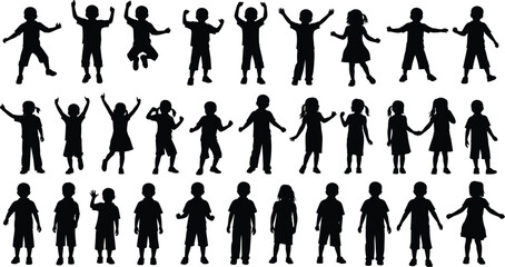 Large Collection of Happy Children Silhouettes Featuring Boys and Girls Playing Jumping and Standing for School Education Projects Childhood Vector Illustration Isolated on White