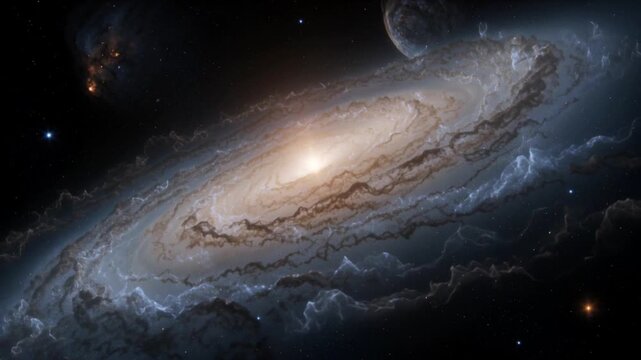 Deep space  scene of a massive spiral galaxy with bright glowing core rotates slowly surrounded by billions of stars