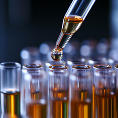 Close-up of a glass dropper dispensing liquid over multiple test tubes.