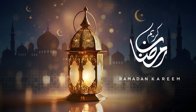 Exquisite illuminated golden fanoos lantern glows brightly against a silhouette of mosques during Ramadan Kareem celebrations.