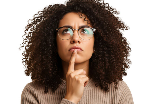 Young woman in thoughtful pose isolated on transparent background
