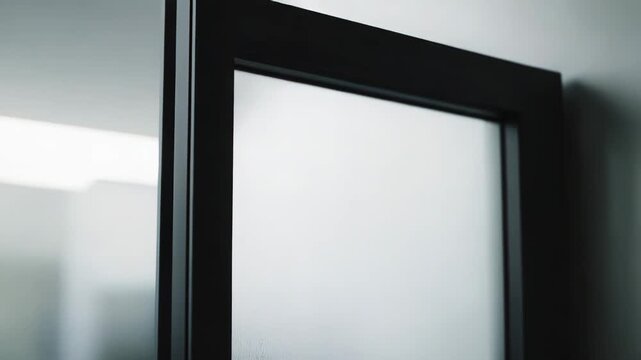 Frosted glass panel with dark frame dividing a contemporary interior space, providing privacy while diffusing light and creating an abstract background texture
