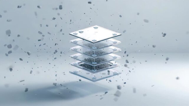Layered transparent technology structure floating in clean white space with precise geometric alignment showing advanced digital engineering concept