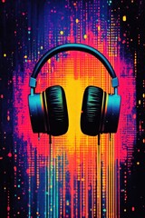 Sonic Symphony: A pair of vibrant headphones pulsates with colorful sound waves against a digital backdrop, creating a fusion of music and technology.