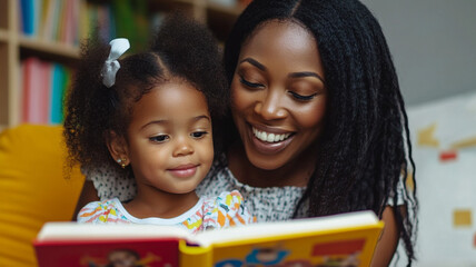 Happy Black mother reading a children book with his daughter.