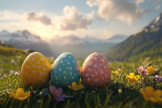 Easter Eggs on Meadow: A trio of vibrantly painted Easter eggs nestled in a lush, wildflower-filled meadow, set against a backdrop of majestic mountains and a bright, cloud-dappled sky.