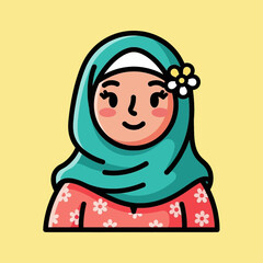 Fototapeta premium A cute cartoon illustration of a smiling Muslim woman wearing a teal hijab with a white flower and a pink floral shirt on a yellow background.