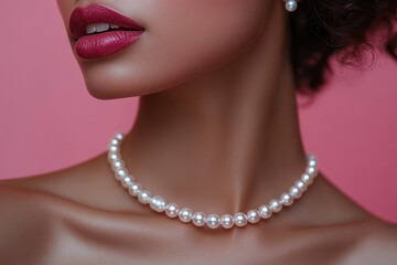 Radiant Elegance: A close-up view captures the allure of a woman's graceful neck adorned with a strand of lustrous pearls, her lips painted with a bold hue of lipstick.
