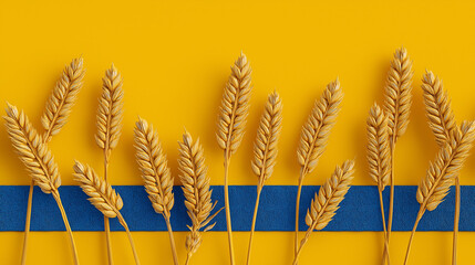 Golden wheat stems arranged artistically to form a Ukraine flag design symbolizing unity, harvest, culture, and national pride