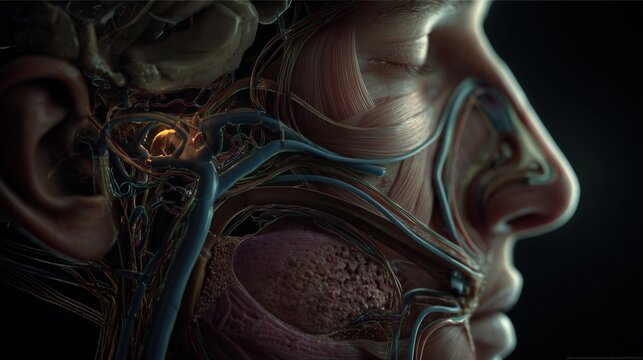 Anosmia Awareness Day: medical 3D CGI of the human olfactory system, nasal cavity and olfactory bulb with reduced or inactive neural activity, muted colors
