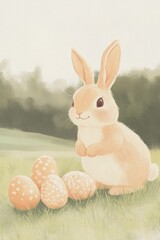 Easter Bunny and Eggs: A charming illustration depicts a fluffy bunny alongside beautifully decorated Easter eggs, set against a gentle, springtime background.