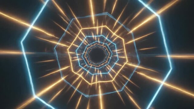 Abstract neon tunnel with glowing octagon shapes, creating a futuristic and immersive background.