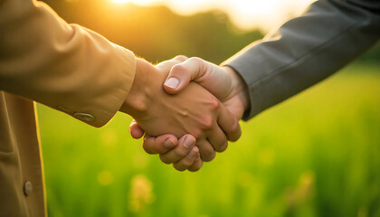 Close-up handshake between a tan-blazer and a gray-suited person, with a sunny, blurred green field and trees in the background, 32K Resolution