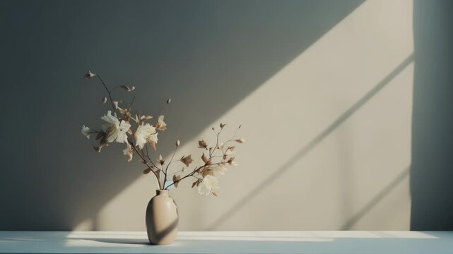 Ceramic vase with dried branches on a white table, warm sunlight casting soft, dynamic shadows on a neutral beige wall for a serene, minimalist interior scene