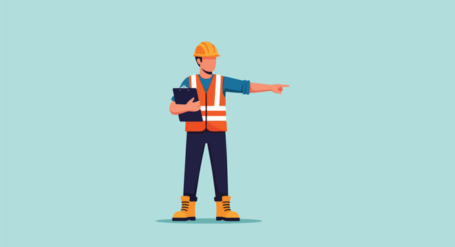 Construction worker pointing direction safety vest hard hat.