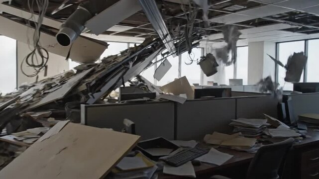 Devastated Office Interior After Earthquake Disaster or Explosion