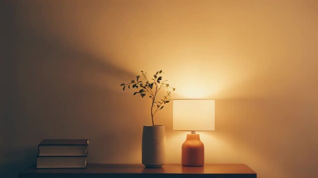 Contemporary table lamp casting warm light on a plain wall, creating a cozy atmosphere with ample copy space, complementing a green plant in a ceramic vase on a wooden surface