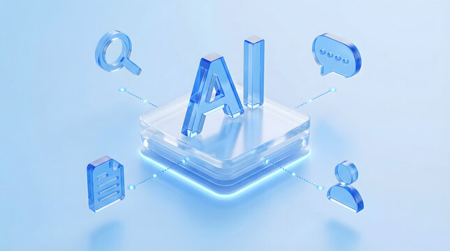 Bright blue Artificial Intelligence letters AI sit on a glowing transparent platform with lines connecting to search chat user and data icons in a cle